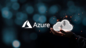 Microsoft Azure Logo with Two hand holding virtual cloud illustration icon with black background. Cloud technology system is computing sharing management for upload download transfer electronic information and application.